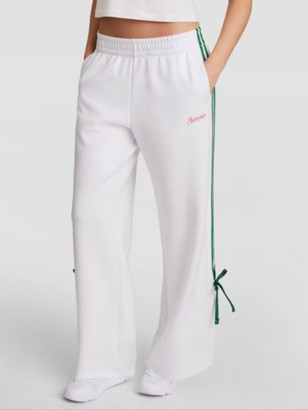 NWT Champion White Wide Leg Track Pants with Green Side Stripes & Bows